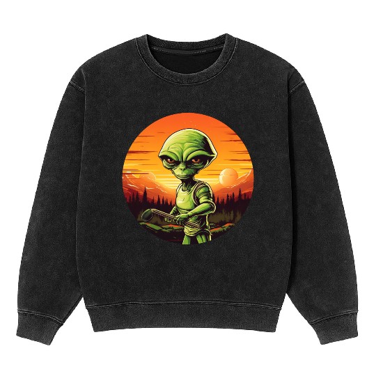 Green Alien Golfer - Extraterrestrial Playing Golf Mineral Wash Sweatshirts