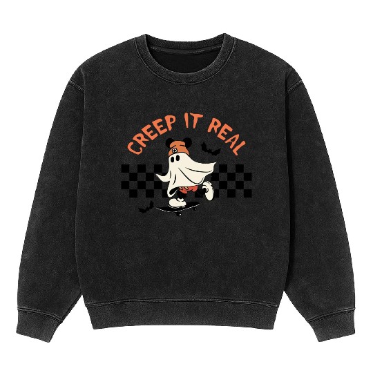 Creep It Real Funny Skateboarding Ghost Mineral Wash Sweatshirts