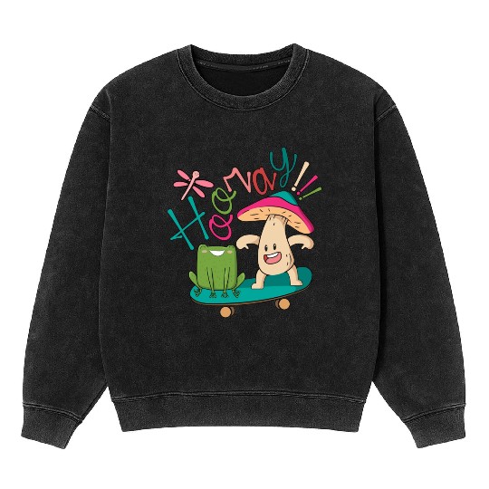 Sweet Frog Skateboarding With A Mushroom Mineral Wash Sweatshirts