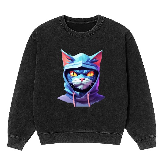 Bold Pastel Prowler: Ninja Cat's Sublime Ferocity Mineral Wash Sweatshirts
