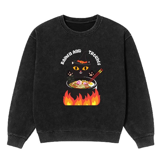 Halloween Black Cat, Ramen and Trouble Mineral Wash Sweatshirts