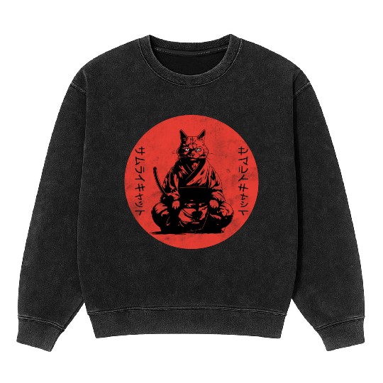 Wise Calm Vintage Retro Japanese Kitty Samurai Cat Mineral Wash Sweatshirts