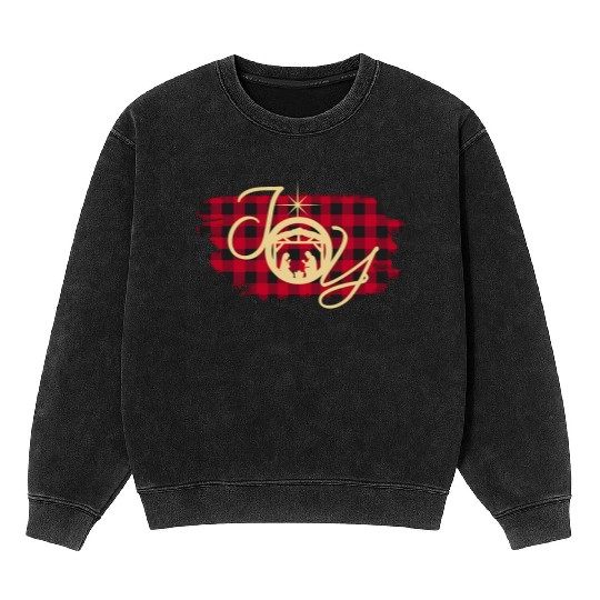 Joy In A Ger Nativity Jesus Birth Buffalo Plaid Mineral Wash Sweatshirts