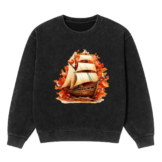 Autumn Sailing: Sailboat Amidst Falling Leaves Mineral Wash Sweatshirts