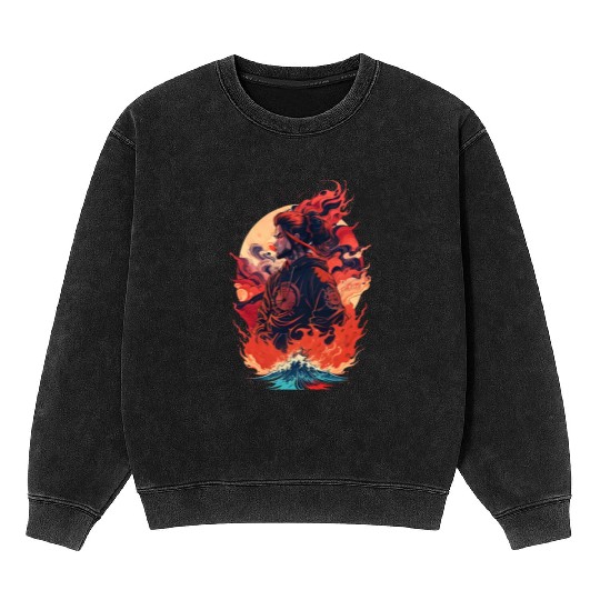 Samurai Boy in Flames Mineral Wash Sweatshirts