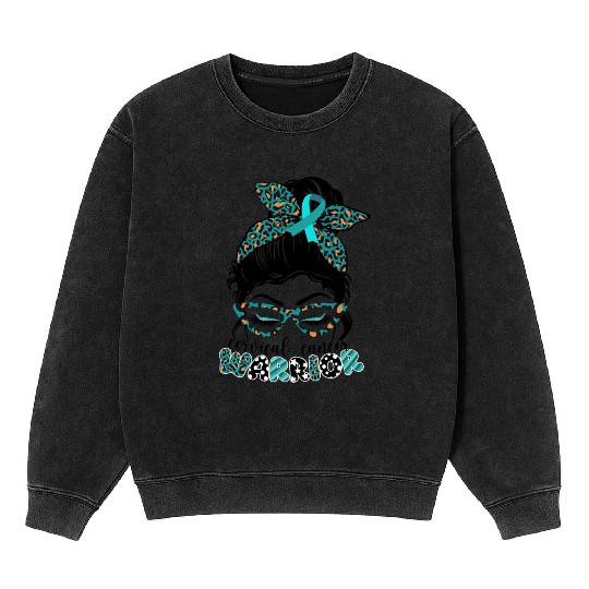 Cervical Cancer Warrior Messy Bun Girl Design Mineral Wash Sweatshirts