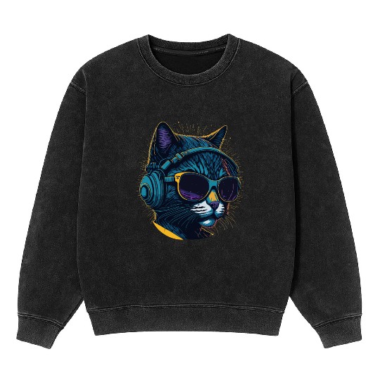 Cool Sunglasses Headphone Galaxy Cat Mineral Wash Sweatshirts