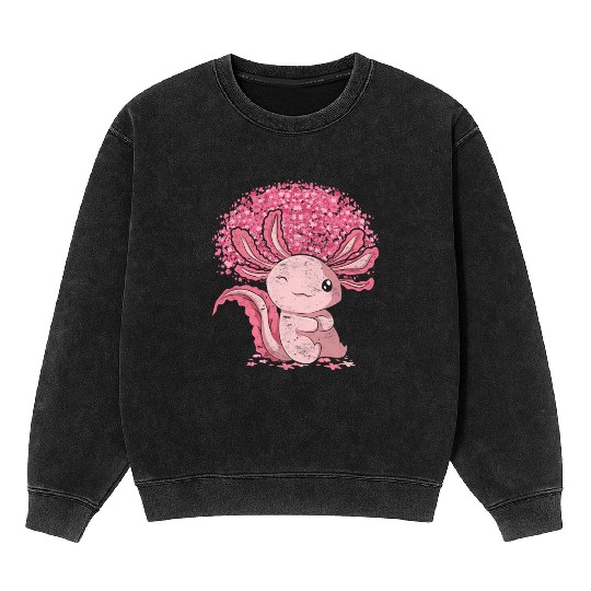 Cherry Blossom Tree Amphibian Gift Sakura Axolotl Mineral Wash Sweatshirts