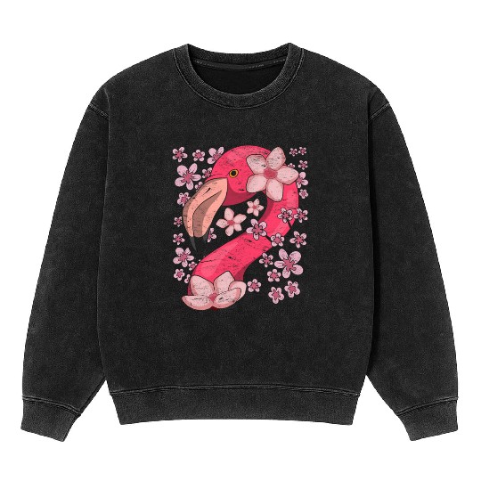 Cherry Blossom Bird Gift Sakura Pink Flamingo Mineral Wash Sweatshirts