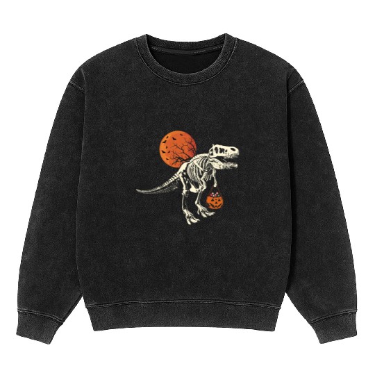Dinosaur Skeleton Pumpkin Lazy Creepy Halloween Mineral Wash Sweatshirts