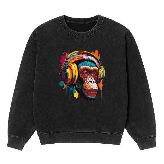 Chimpanzee Wearing Headphone Mineral Wash Sweatshirts