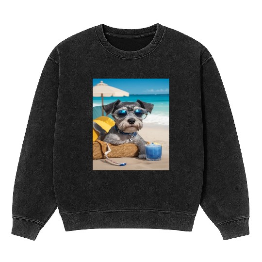 Schnauzer Chilling at the Beach with a Drink Mineral Wash Sweatshirts