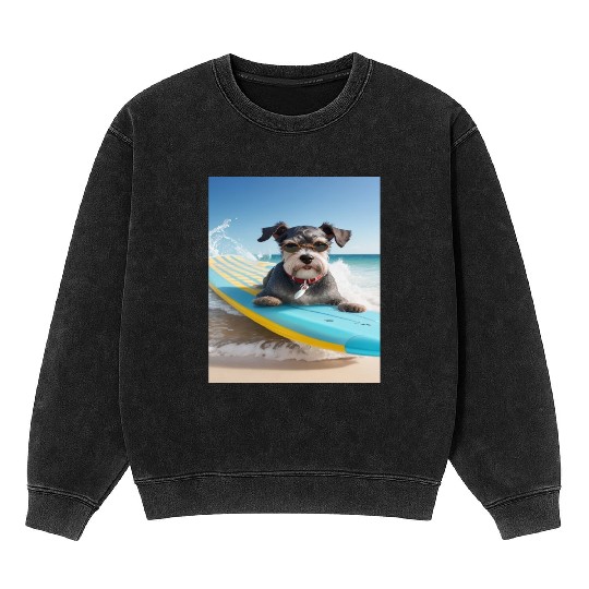 Schnauzer Surfing at Beach On A Surfboard Mineral Wash Sweatshirts