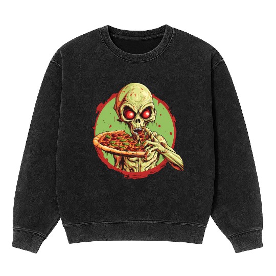 Green Alien with Pizza: Halloween Fast-Food Fun Mineral Wash Sweatshirts
