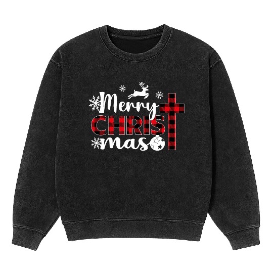 Merry Christmas Cross Plaid Xmas Christian Mineral Wash Sweatshirts
