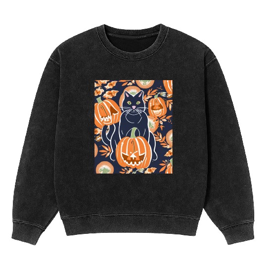 Black Cat And Pumpkins Mineral Wash Sweatshirts