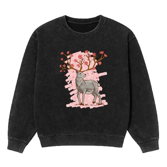 Cherry Blossom Deer Sakura Mineral Wash Sweatshirts