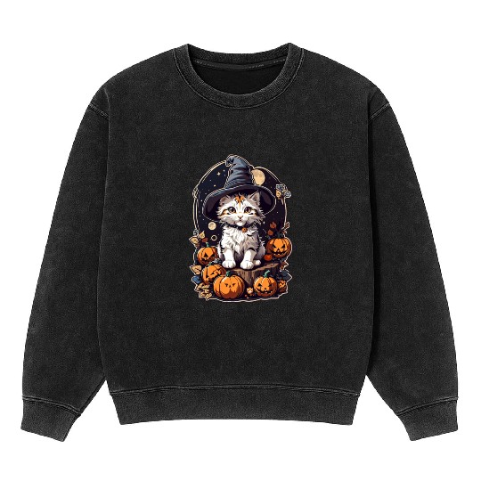 Happy Halloween Pumpkin Cat 50 Mineral Wash Sweatshirts