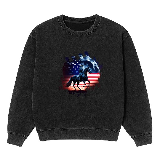 America horse under Moon with American Flag Mineral Wash Sweatshirts