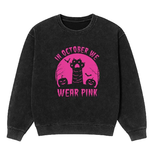 We Wear Pink Cat Pumpkin Breast Cancer Halloween Mineral Wash Sweatshirts