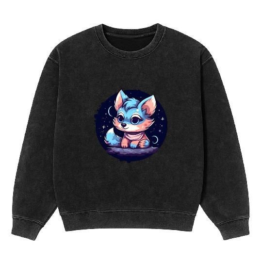 Digital Art Fox Sitting on Rock Crescent Moon Mineral Wash Sweatshirts