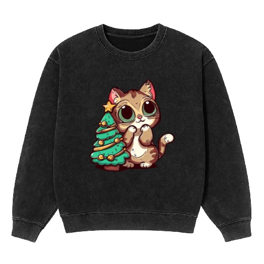 Surprised Christmas Cat: Fir Tree Magic Mineral Wash Sweatshirts