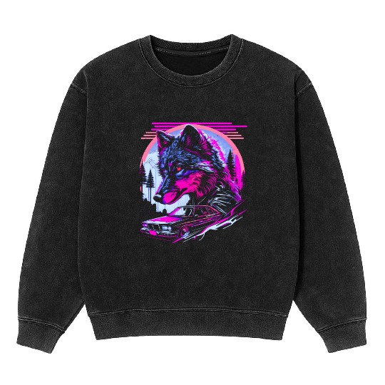 Retro Synthwave Gangster Wolf Mineral Wash Sweatshirts