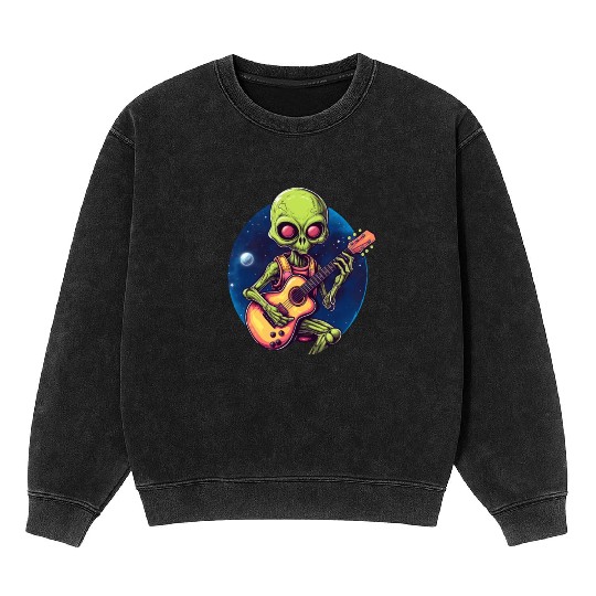 Green alien guitarist Mineral Wash Sweatshirts