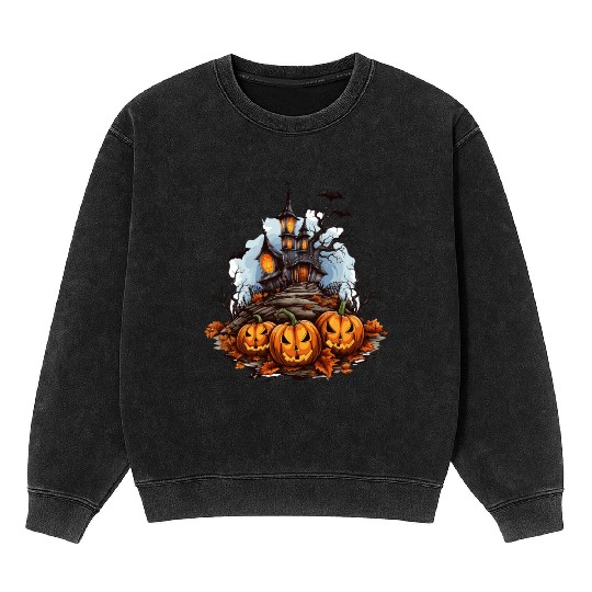 Halloween Pumpkin Bat Spell Haunted House Mineral Wash Sweatshirts