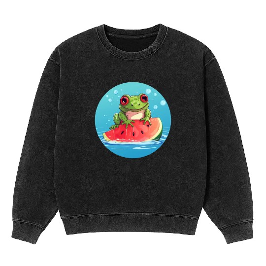 Frog on watermelon in the sea Mineral Wash Sweatshirts