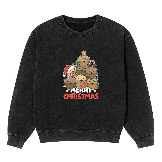 Otter Christmas Tree Merry Christmas Mineral Wash Sweatshirts