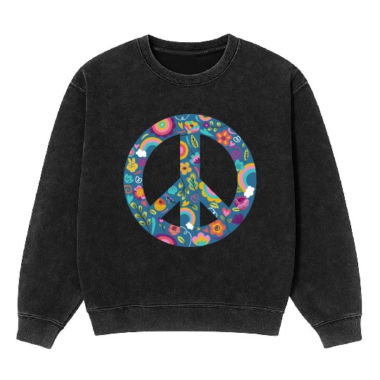 Hippie Symbol Peace Anti-war Logo Floral Peace Mineral Wash Sweatshirts