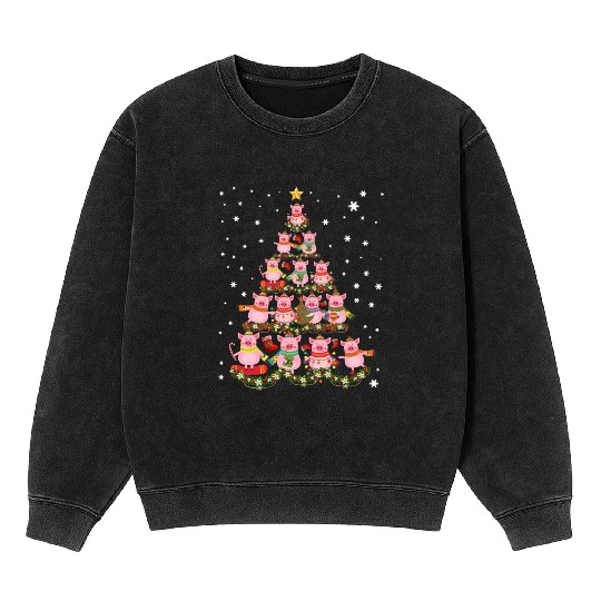 Pigs Christmas Tree Pigs Xmas Ornaments Mineral Wash Sweatshirts