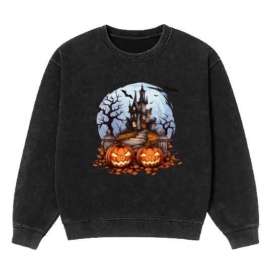 Spooky Haunted House Halloween Pumpkin Bat Mineral Wash Sweatshirts