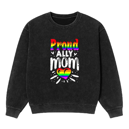 Retro Proud Ally Mom Rainbow Heart LGBT Gay Pride Mineral Wash Sweatshirts