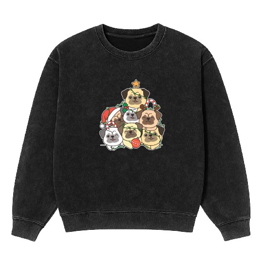 Pug Christmas Tree Funny Animal Christmas Mineral Wash Sweatshirts