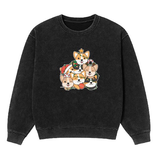 Corgi Christmas Tree Funny Animal Christmas Mineral Wash Sweatshirts