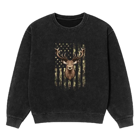 Deer Whitetail Buck American Camo Us Flag Deer Mineral Wash Sweatshirts
