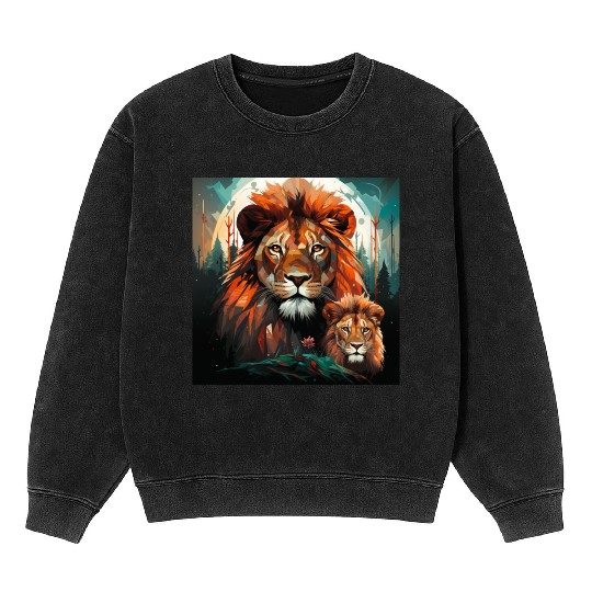 Geometric Lion Mother and Lion Cub in the Forest Mineral Wash Sweatshirts