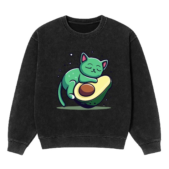 Green Cat Sleeping On An Avocado Mineral Wash Sweatshirts