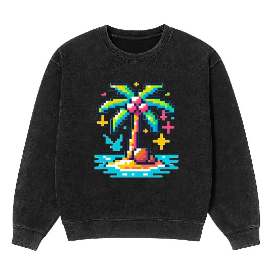 Digital Beach Getaway: Pixel Palm Paradise Mineral Wash Sweatshirts