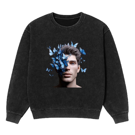 Male Face with Blue Butterflies Mineral Wash Sweatshirts