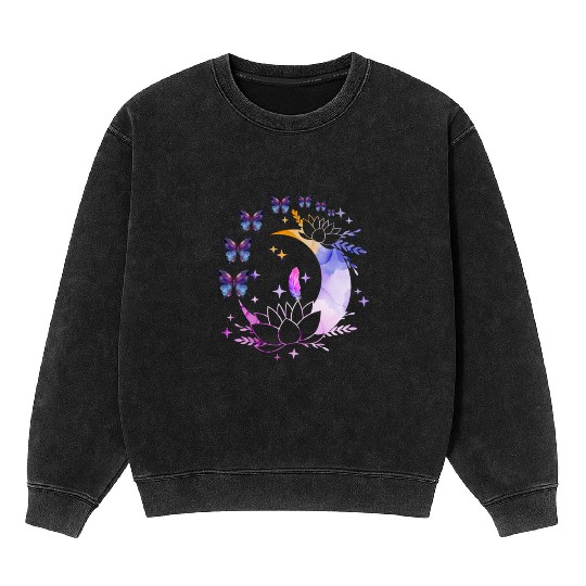 Celestial Serenity Moon, Lotus, Feather, butterfly Mineral Wash Sweatshirts