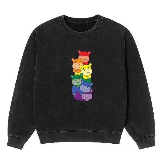 Rainbow Flag Pride Lgbtq Cute Hippo Stack Mineral Wash Sweatshirts