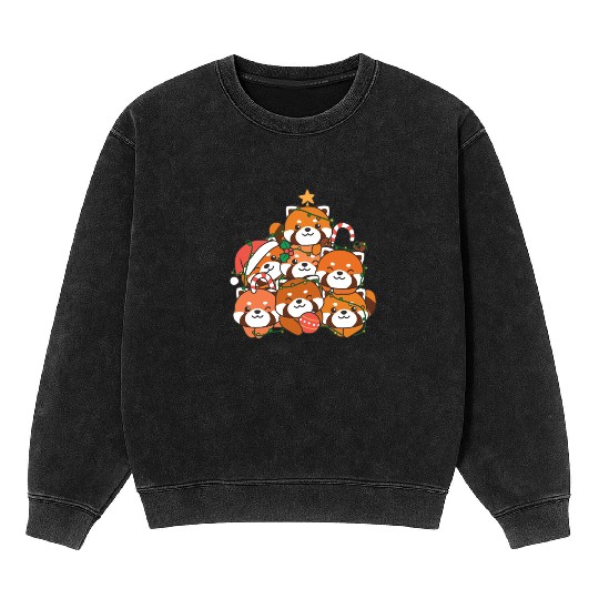 Red Panda Christmas Tree Funny Animal Mineral Wash Sweatshirts