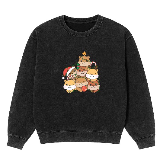 Hamster Christmas Tree Funny Animal Christmas Mineral Wash Sweatshirts