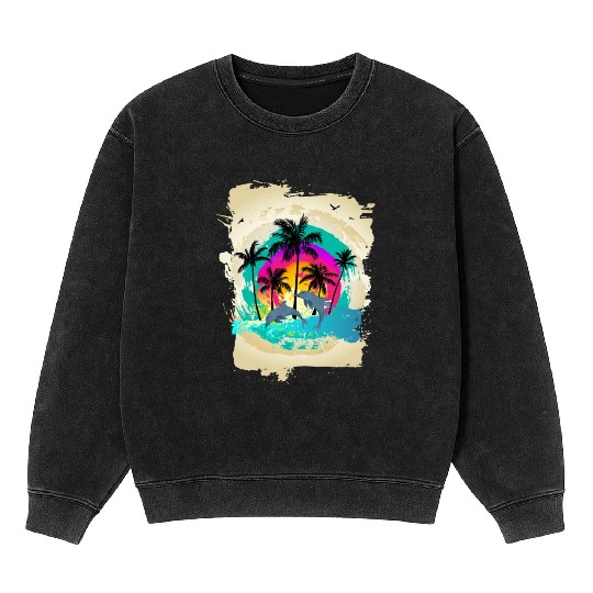 Dolphin Palm Tree Sunset Mineral Wash Sweatshirts