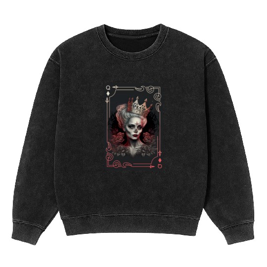 Diamond Queen Gothic Poker Card Game Creepy Mineral Wash Sweatshirts