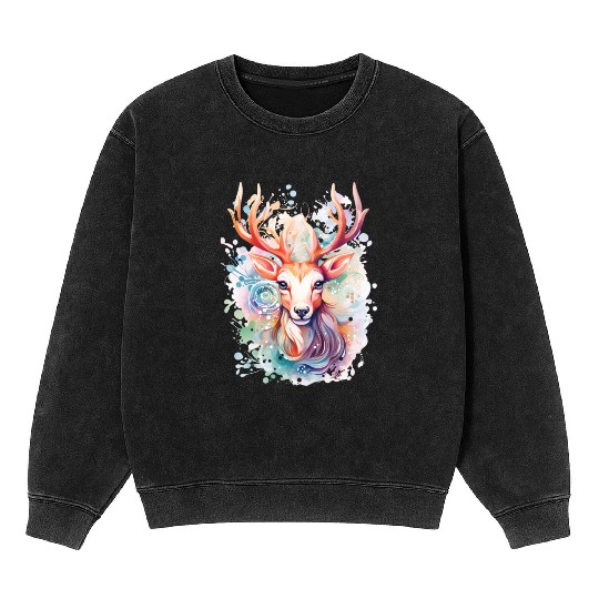 Colorful Reindeer Fantasy: Studio Ghibli Style Mineral Wash Sweatshirts