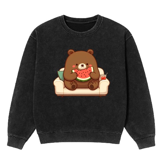 Cosy bear enjoying watermelon Mineral Wash Sweatshirts